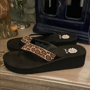 Yellow Box Black and Brown Leopard Print Bling Sandal Flip Flops